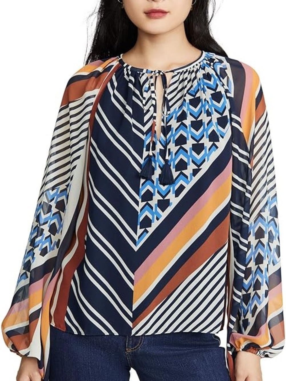 Ramy Brook Vibrant Geometric Partern Tie Neck Blouse Flowy Lightweight Size M - Picture 8 of 8